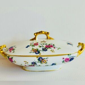 Vtg Large.Jean Pouyant Limoges Gilded hand painted floral porcelain tureen + lid